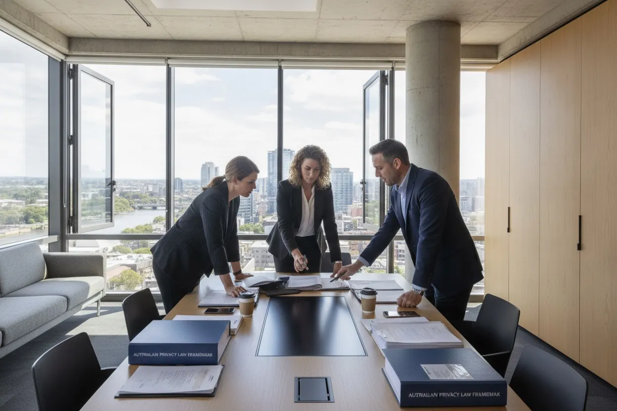 Legal and compliance team reviewing Australian privacy law documents in a Melbourne office