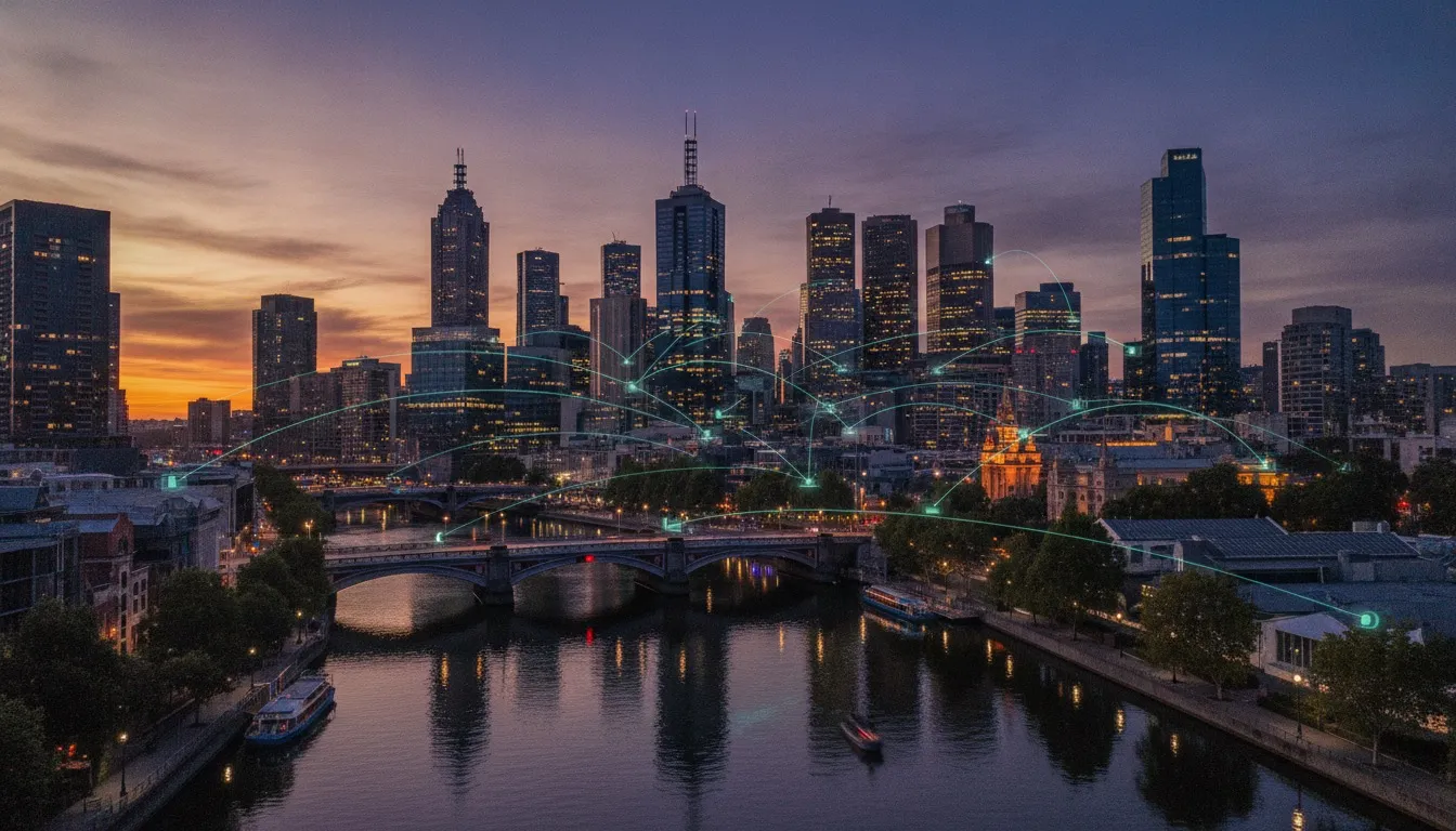 Melbourne skyline at dusk along the Yarra River with a glowing software architecture diagram overlay, representing custom software development in Melbourne