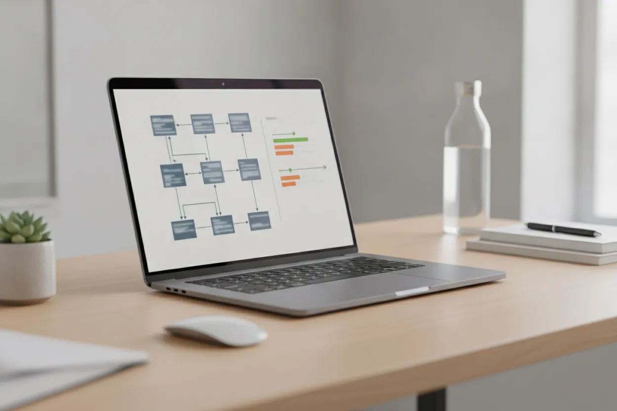 Enterprise software architecture diagrams and a development process timeline on a laptop screen