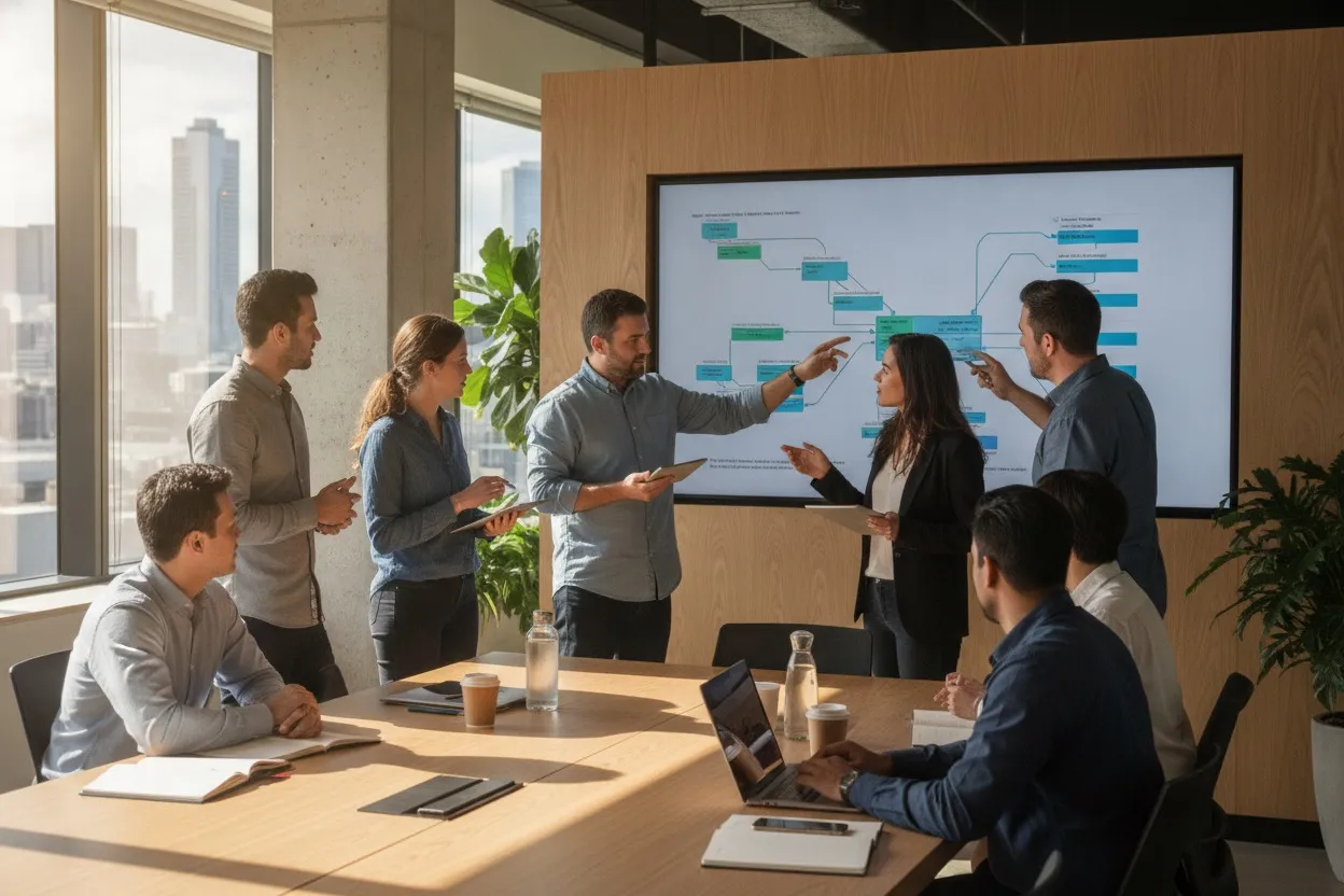 Software engineering team collaborating on enterprise architecture in a Melbourne office