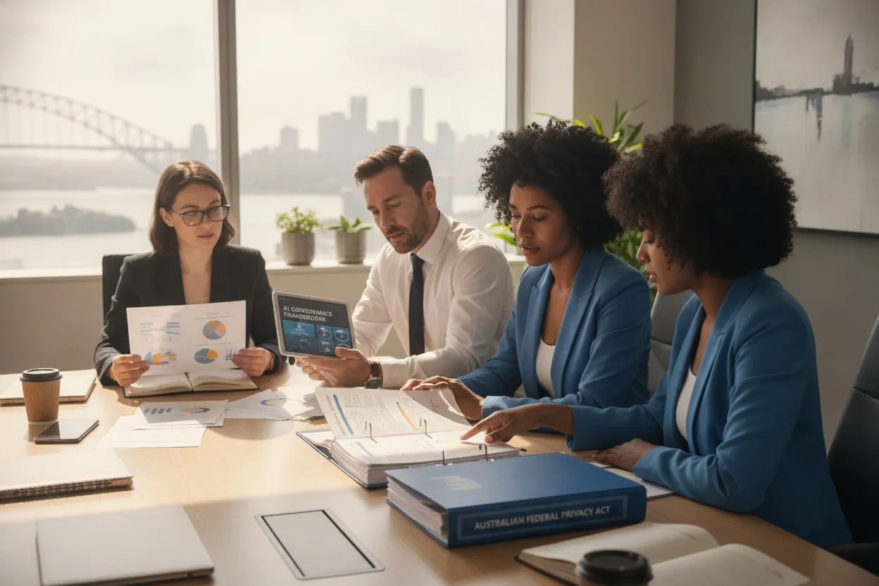 Legal and compliance team reviewing Australian federal privacy law and AI governance documents