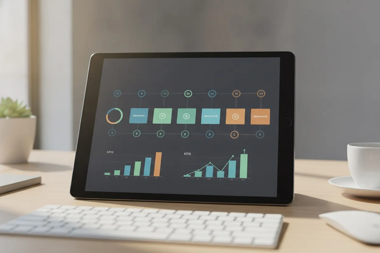 AI strategy roadmap timeline with milestones on a tablet screen