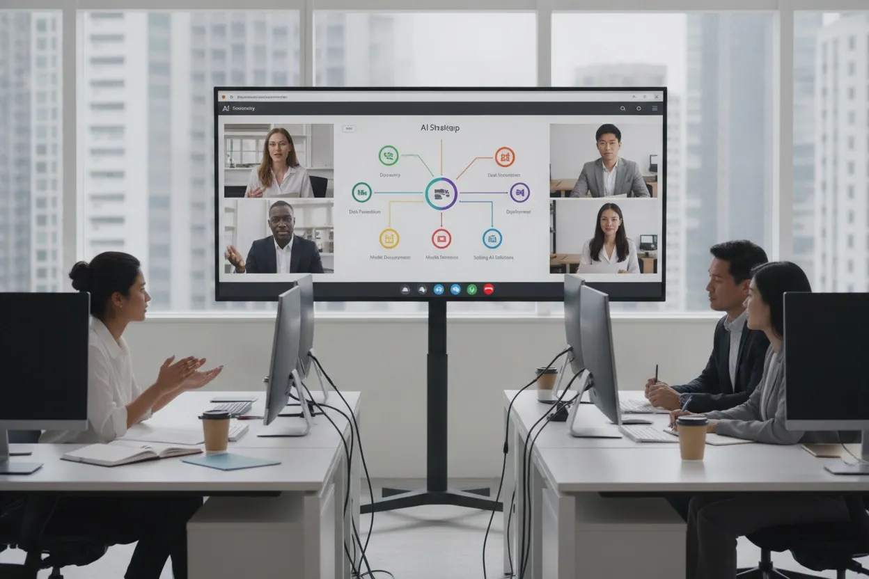 AI strategy consulting workshop with a team collaborating remotely on a roadmap