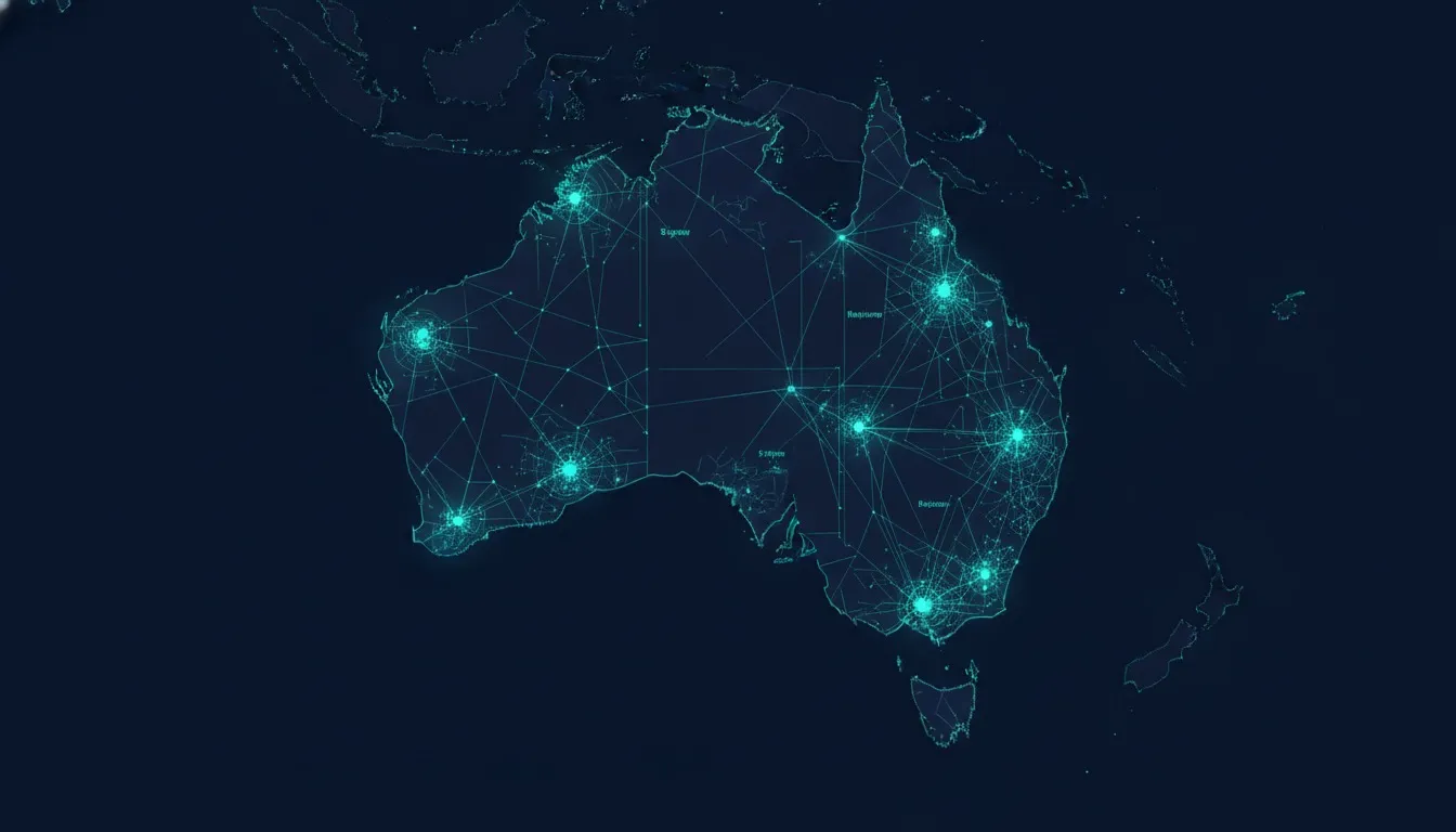 Stylized map of Australia with glowing AI network nodes connecting major cities, representing nationwide AI development services in Australia