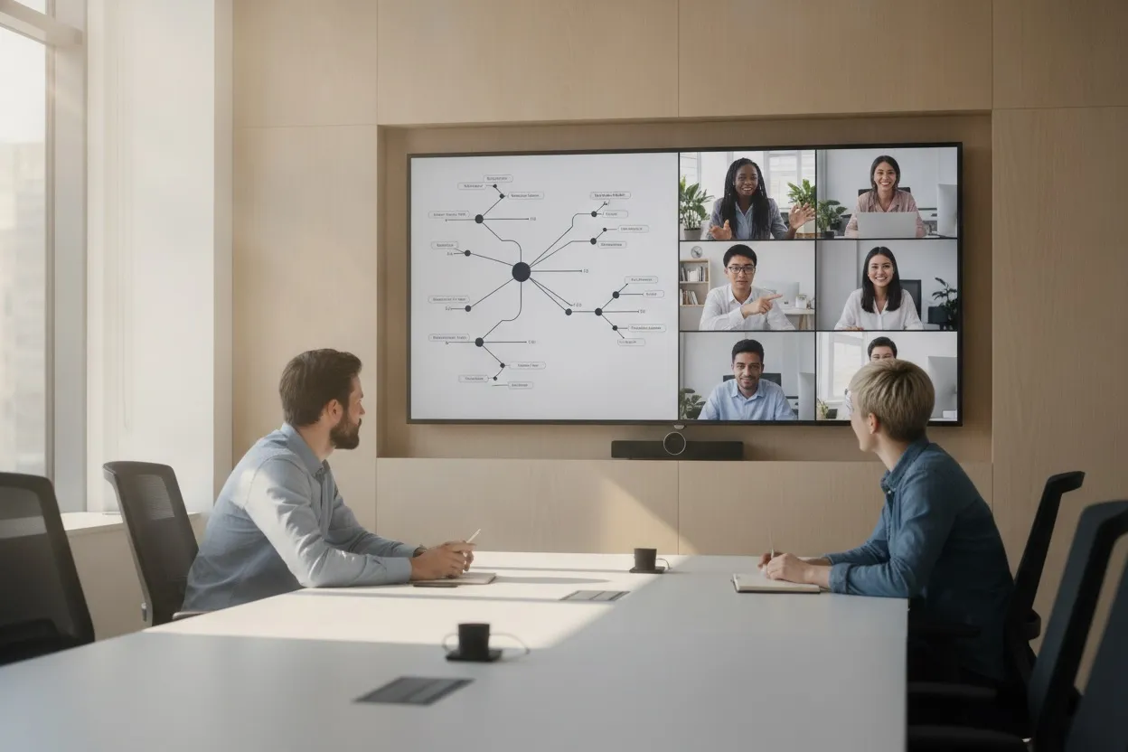 AI engineering team collaborating remotely on neural network architecture