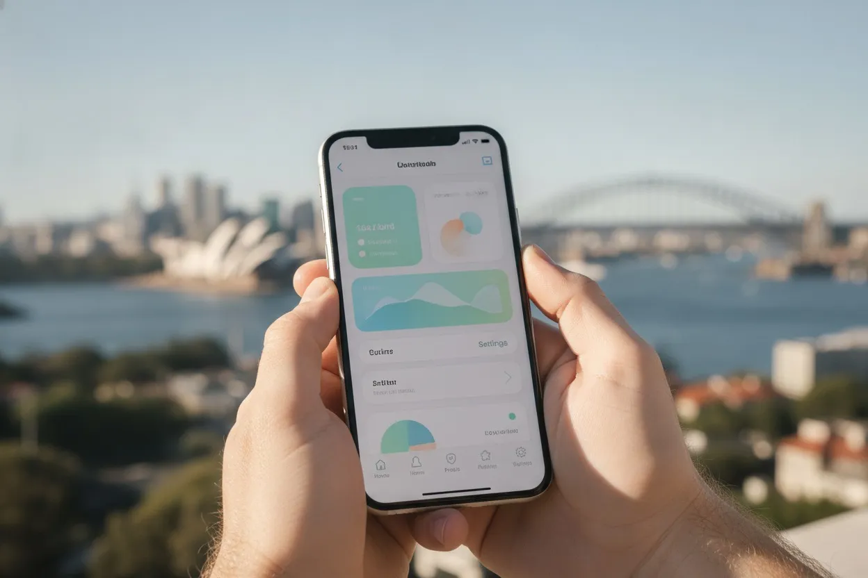 Smartphone displaying a modern mobile app interface with an Australian city skyline in background