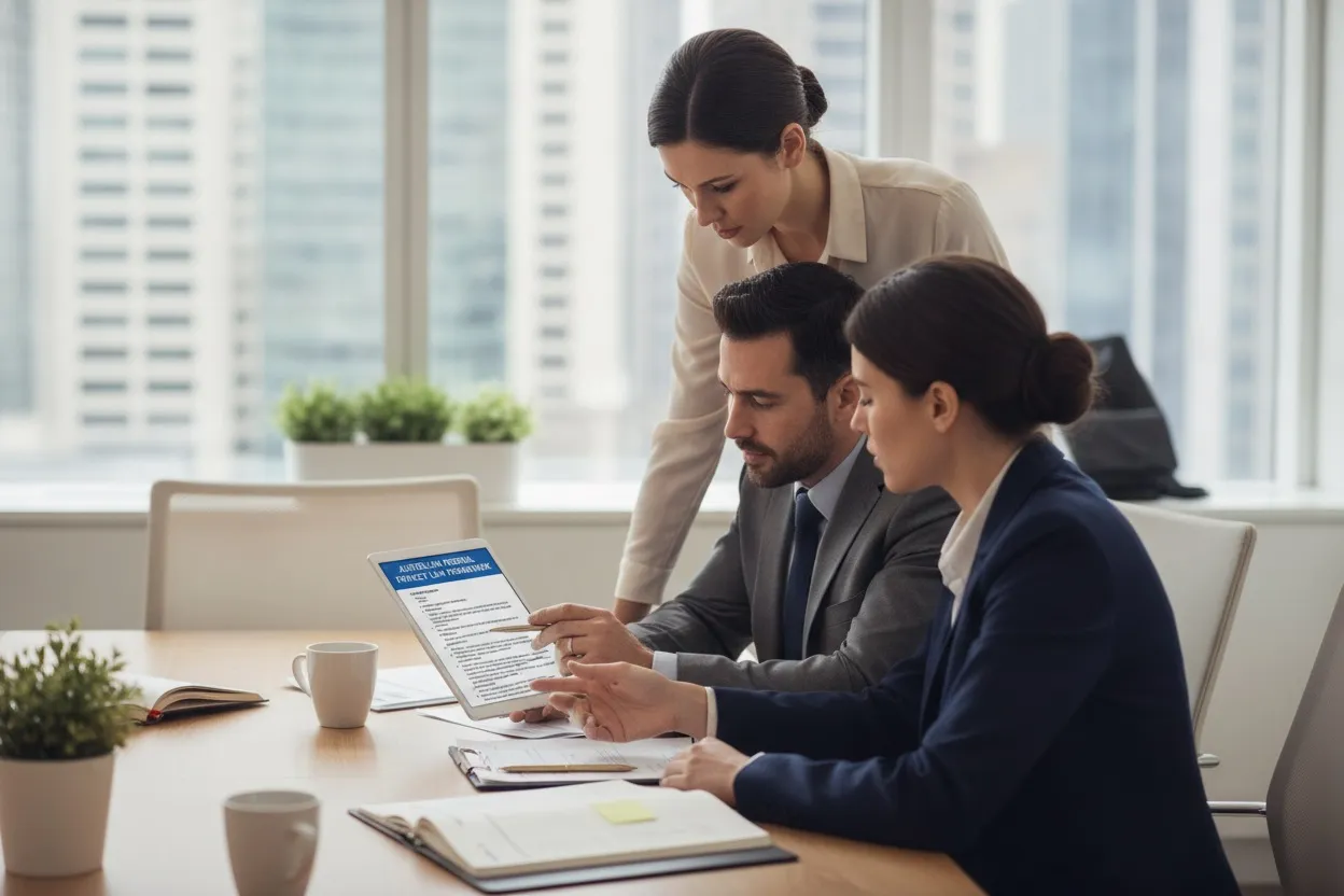 Legal and compliance team reviewing Australian federal privacy law documents