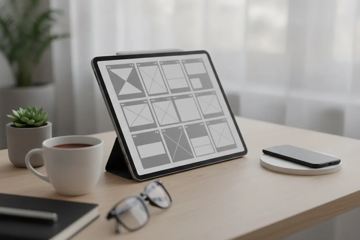 Designer's desk with mobile app wireframes and a smartphone mockup