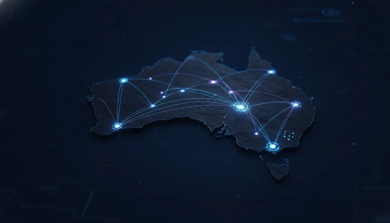 Stylized map of Australia with a glowing mobile app UI overlay connecting major cities, representing nationwide mobile app development in Australia