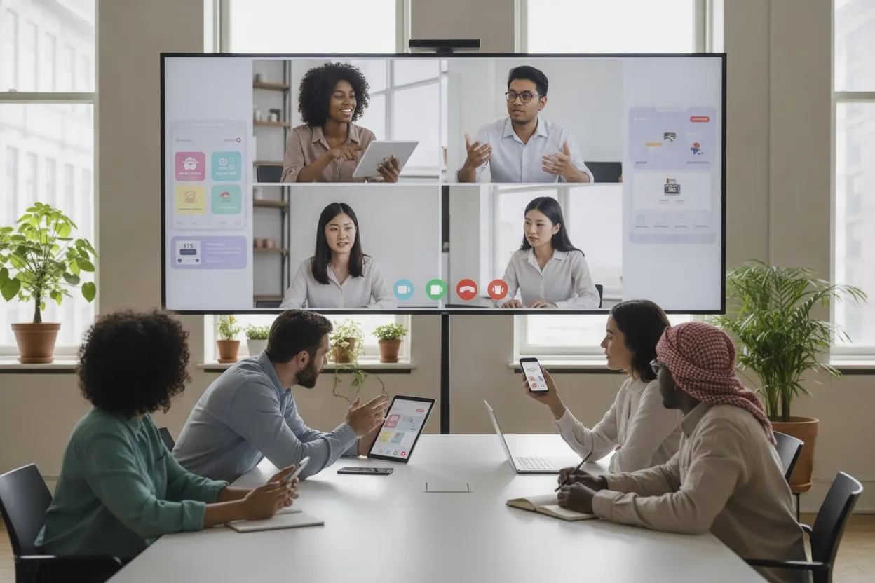 Mobile app development team collaborating remotely on prototypes