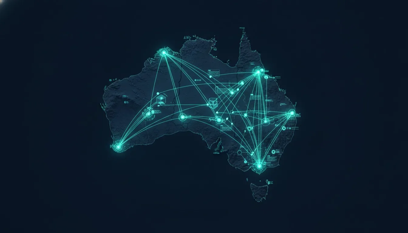 Stylized map of Australia with a glowing software architecture overlay connecting major cities, representing nationwide software development in Australia
