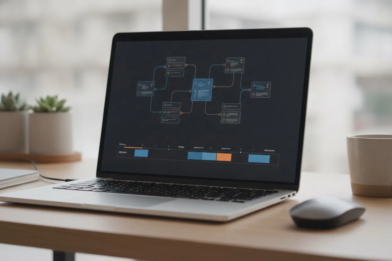 Enterprise software architecture diagrams and a development process timeline on a laptop screen