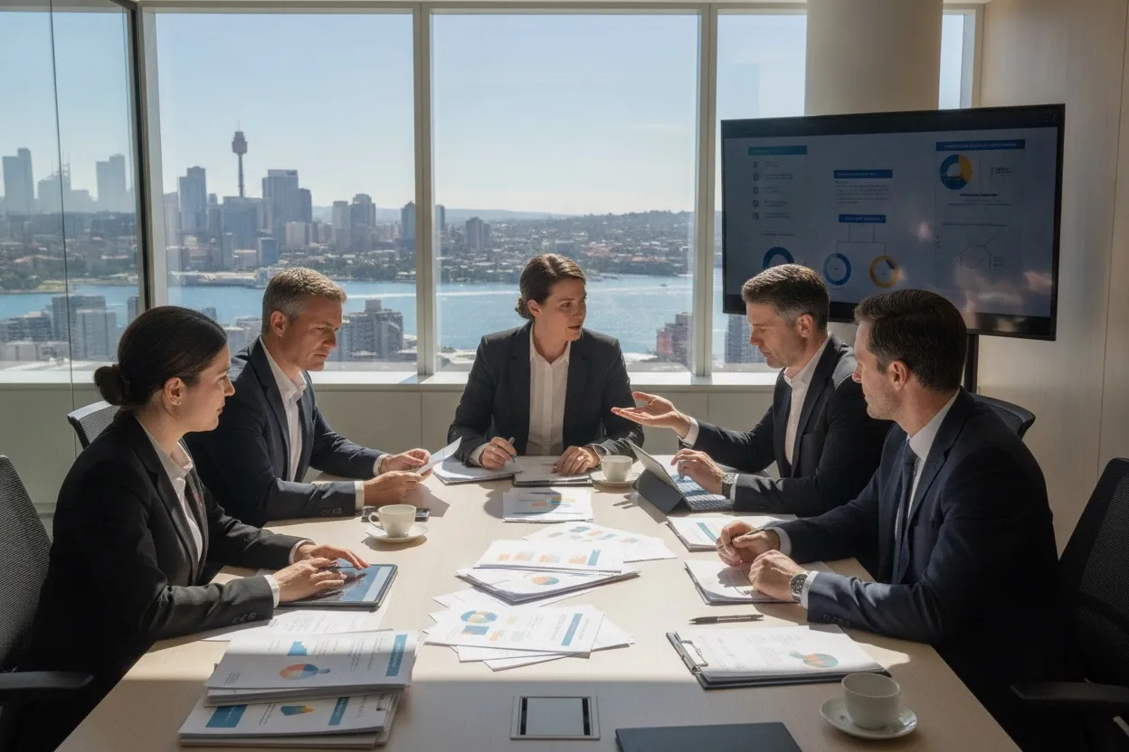 Legal and compliance team reviewing Australian privacy law and AI governance documents in a Sydney office