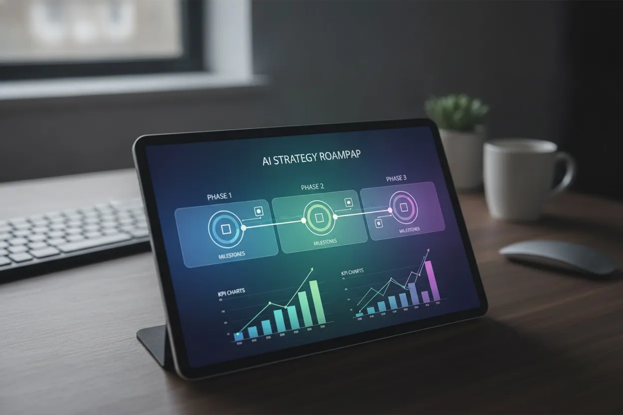 AI strategy roadmap timeline with milestones on a tablet screen