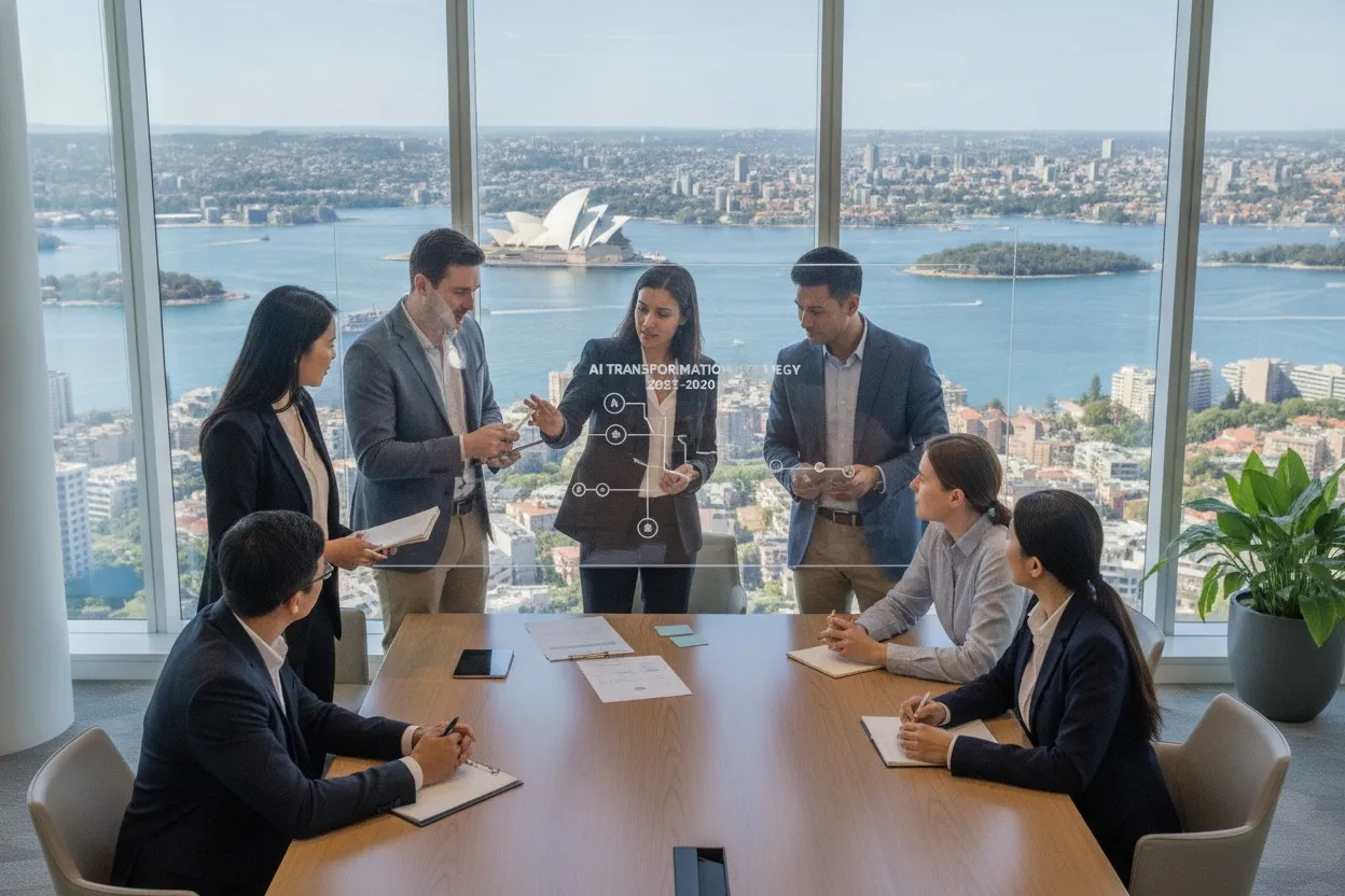 AI strategy consulting workshop reviewing a roadmap in a Sydney office