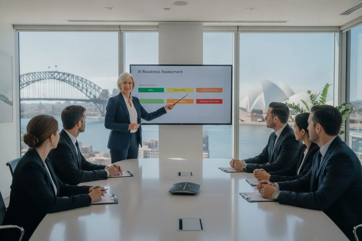 Senior AI consultant presenting a readiness assessment to executives in a Sydney conference room