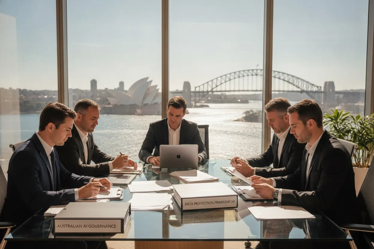 Legal and compliance team reviewing Australian AI governance documents in a Sydney office