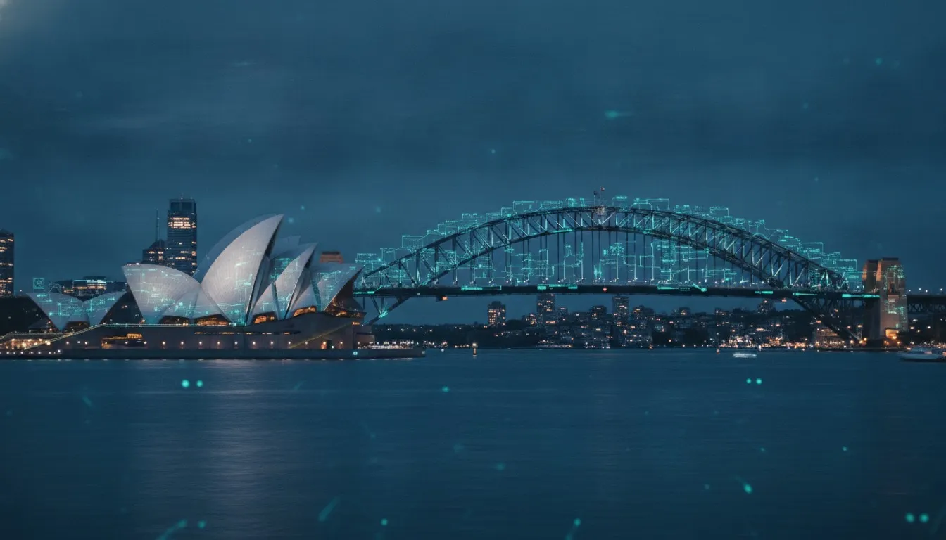 Sydney Harbour skyline at night with a glowing AI neural network overlay, representing AI development services in Sydney