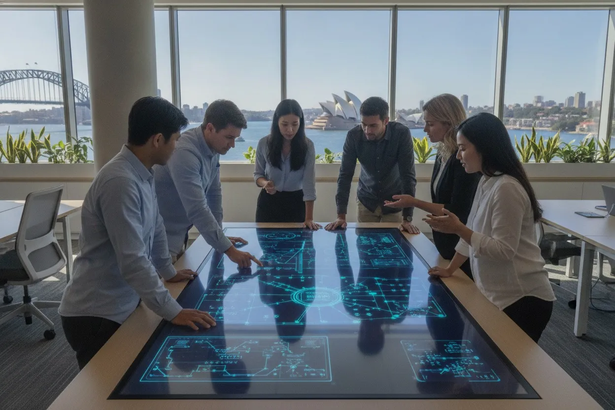 AI engineering team collaborating on neural network architecture in a Sydney office