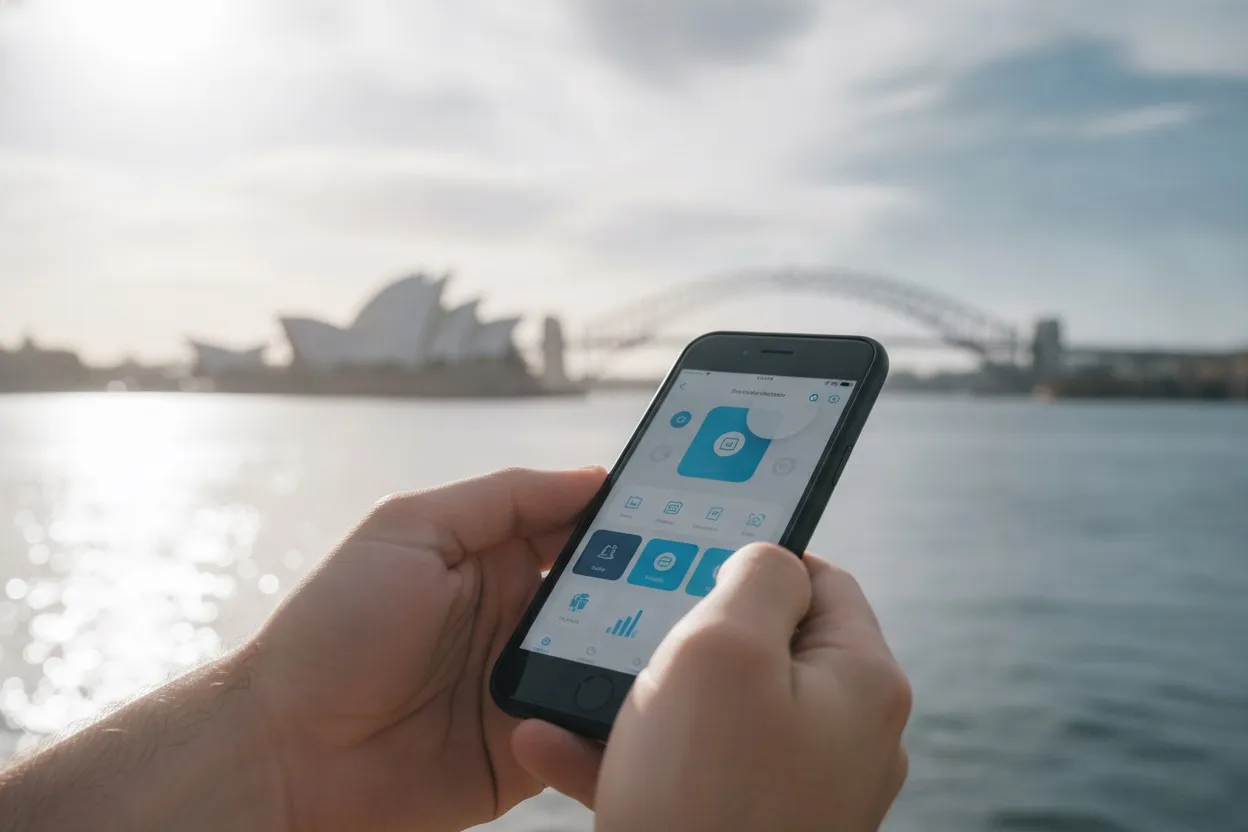 Smartphone displaying a modern mobile app interface with Sydney Harbour in background