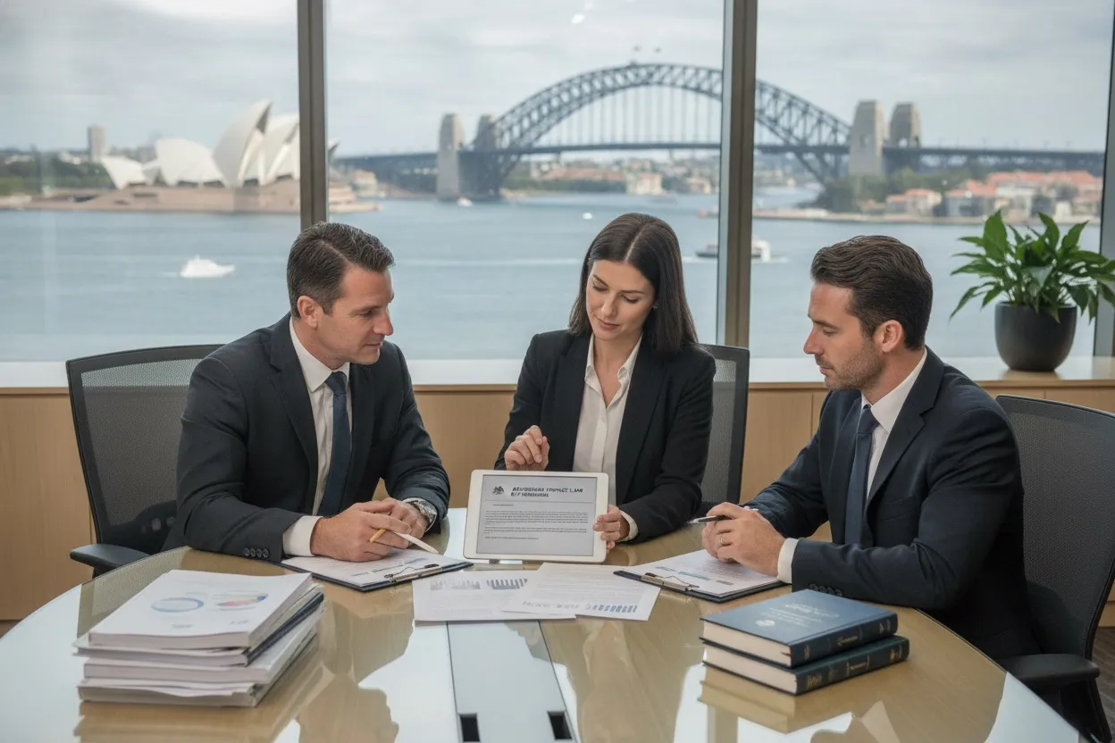 Legal and compliance team reviewing Australian privacy law documents in a Sydney office