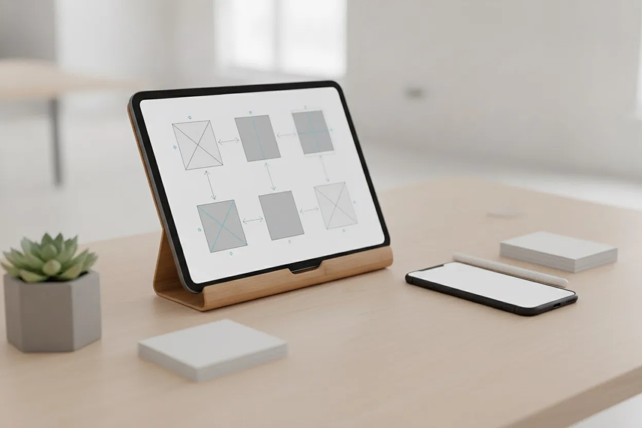 Designer's desk with mobile app wireframes and a smartphone mockup