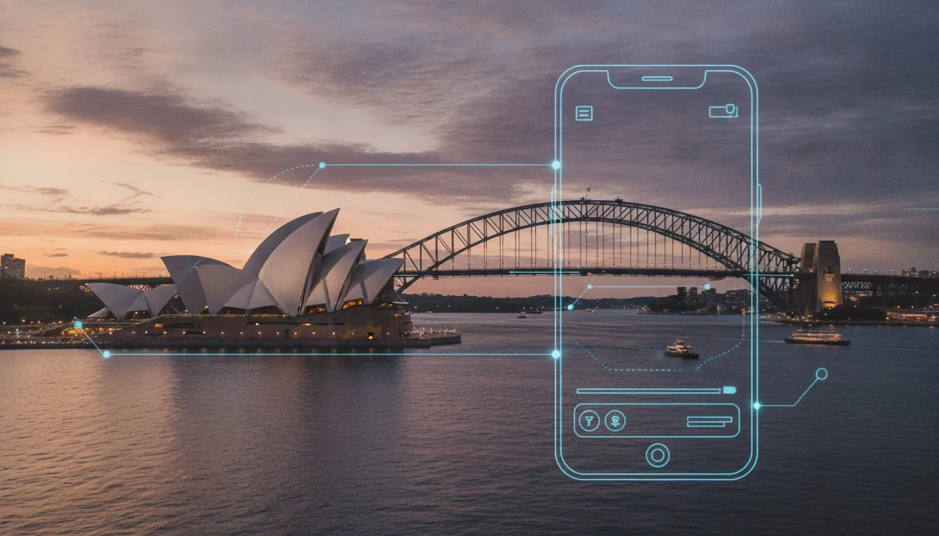 Sydney Opera House and Harbour Bridge at dusk with a glowing mobile app UI overlay, representing mobile app development in Sydney