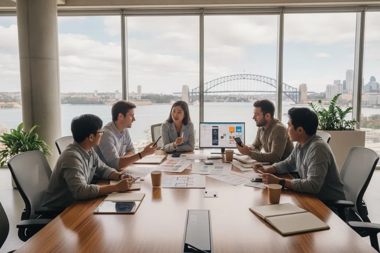 Mobile app development team collaborating on prototypes in a Sydney office