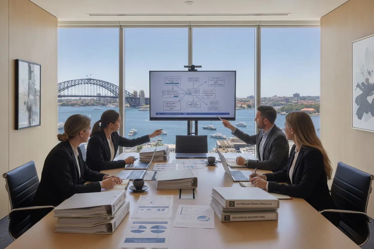 Legal and compliance team reviewing Australian privacy law documents in a Sydney office