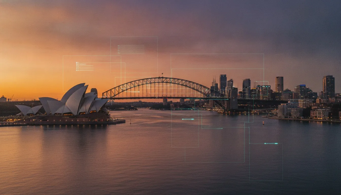 Sydney Harbour skyline at dusk featuring the Opera House with a glowing software architecture diagram overlay, representing custom software development in Sydney
