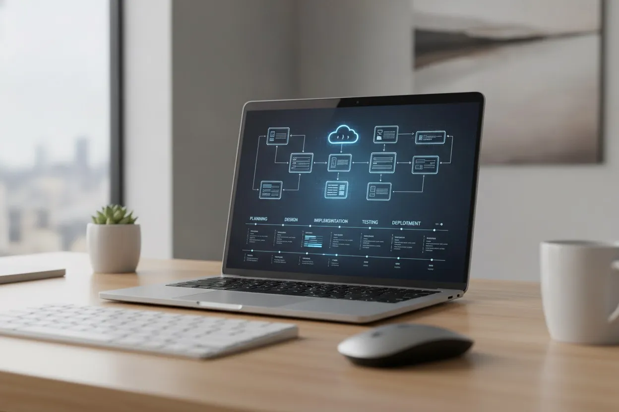 Enterprise software architecture diagrams and a development process timeline on a laptop screen