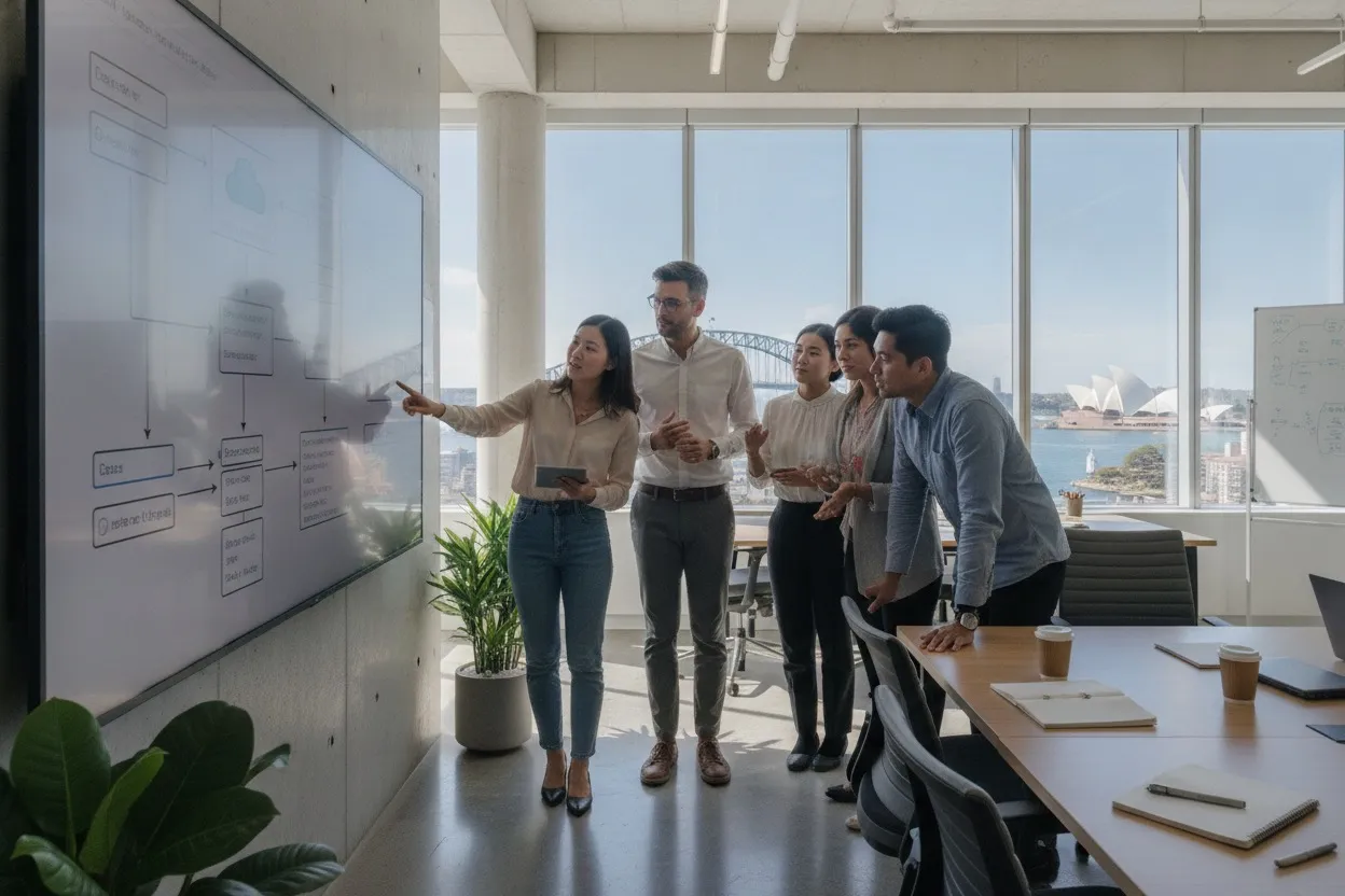 Software engineering team collaborating on enterprise architecture in a Sydney office