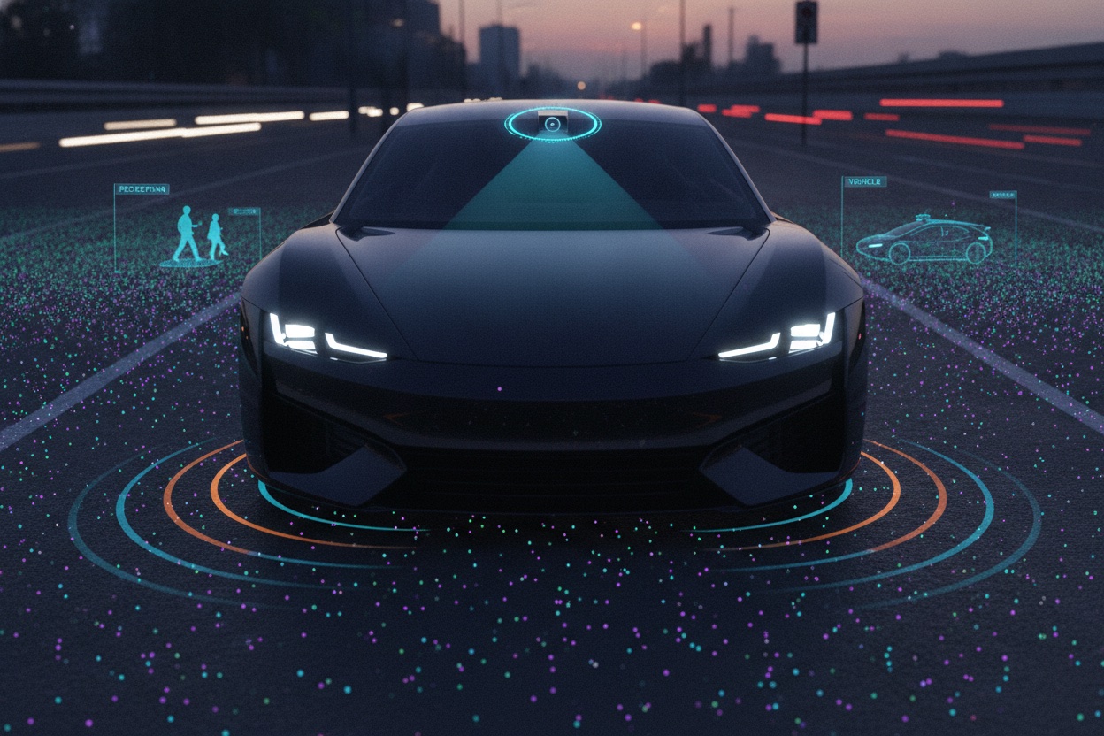 Modern car with a digital overlay visualization of ADAS sensors: radar wave arcs, a highlighted camera lens, and computer-vision object-detection boxes around the road ahead