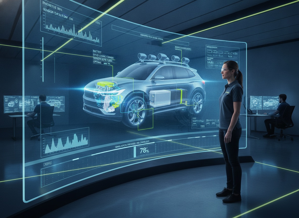 Automotive engineer reviewing a 3D digital twin of a vehicle on a large screen, with diagnostic overlays highlighting the engine, battery, and sensor systems