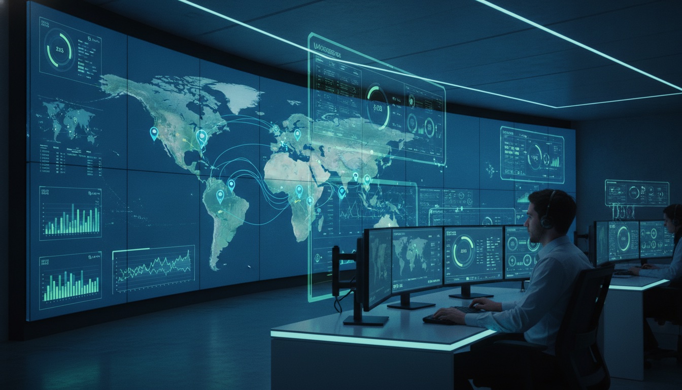 Fleet management and EV control room with wall-mounted screens showing a live map of vehicle locations, battery levels, and real-time telemetry graphs