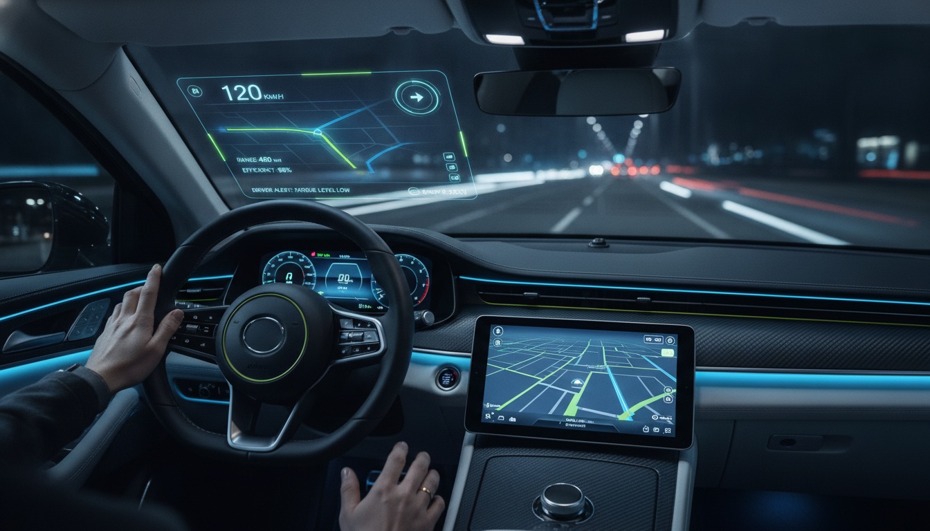 Close-up of a connected car dashboard at night with a glowing heads-up display showing speed, navigation, and AI telematics data overlaid on the windshield