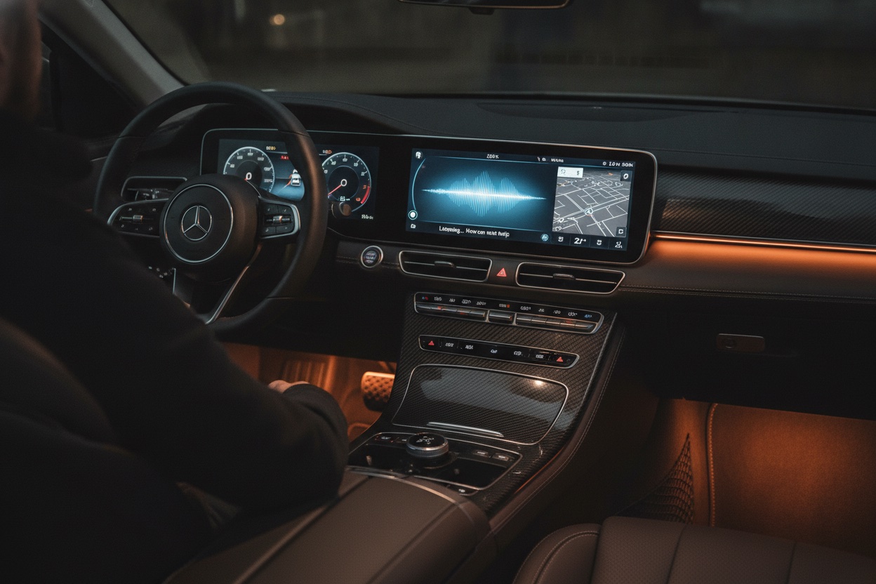 Modern car center console with an in-vehicle AI voice assistant interface active, showing a glowing waveform visualization while listening