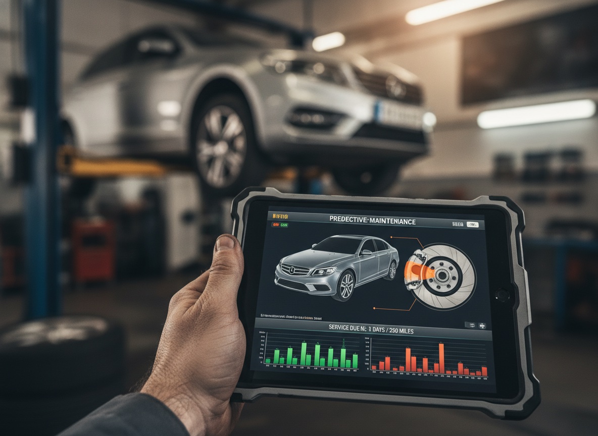 Mechanic holding a rugged tablet displaying a predictive-maintenance alert with a car diagram highlighting a worn brake component