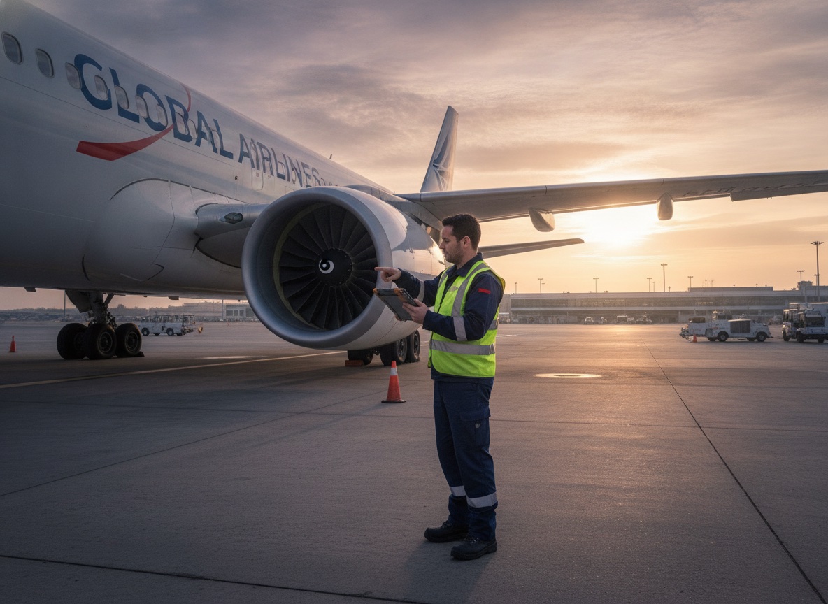 Ground crew member in a high-visibility vest performing a pre-flight walk-around inspection with a rugged tablet beside a commercial aircraft