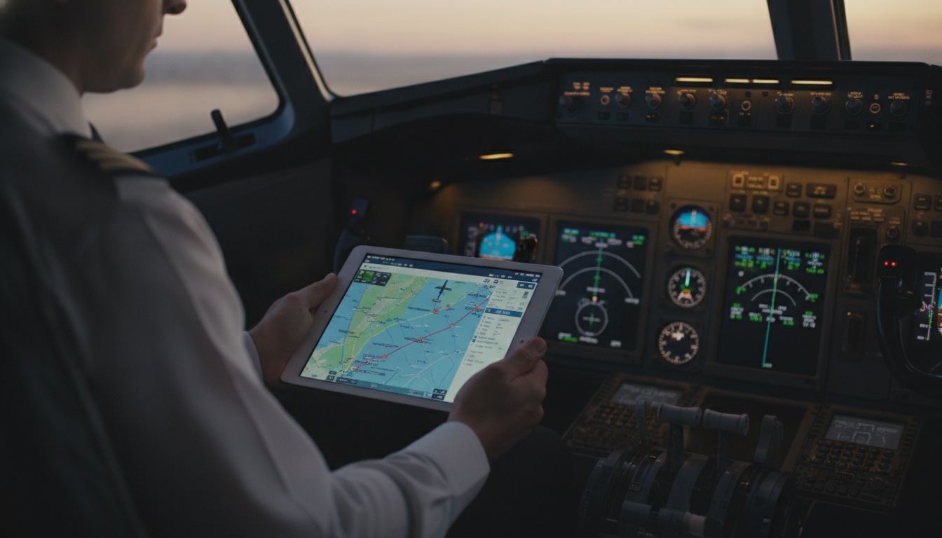 Airline pilot in the cockpit at dusk reviewing a flight plan on a digital electronic flight bag (EFB) tablet, cockpit instrument displays glowing in the background