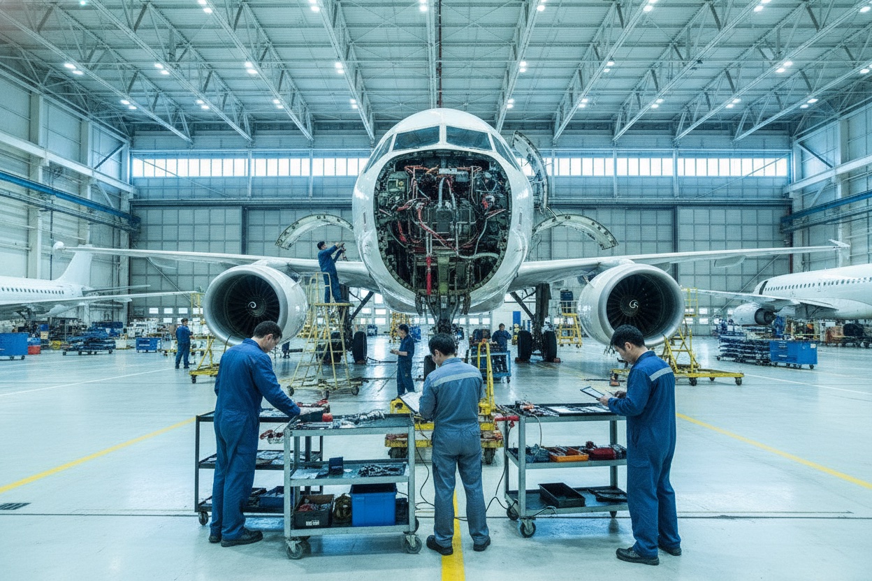 Aircraft maintenance, repair, and overhaul (MRO) hangar with technicians inspecting an aircraft engine cowling using a digital checklist tablet