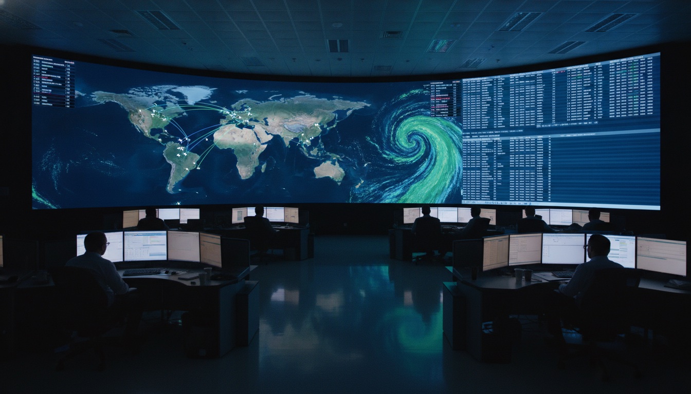 Airline flight-operations control center at night with a wall of monitors showing a live map of tracked aircraft, flight status boards, and weather overlays