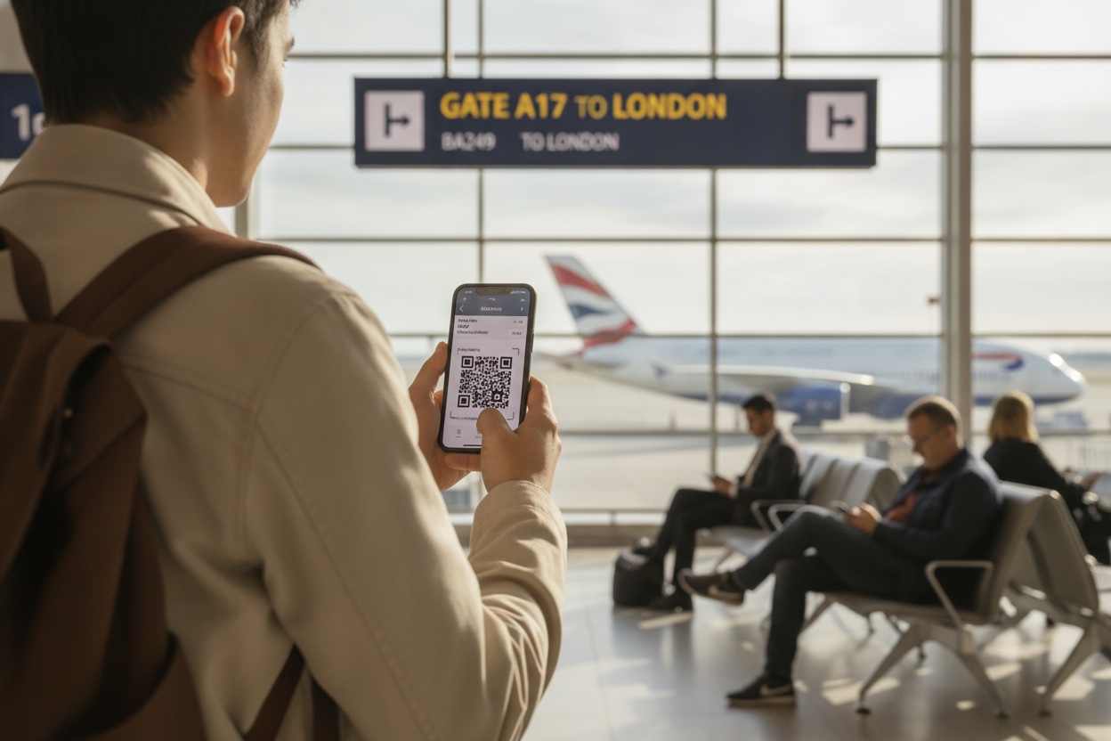Airline passenger at a departure gate using a smartphone airline app to check in, with a digital boarding pass QR code shown on the screen