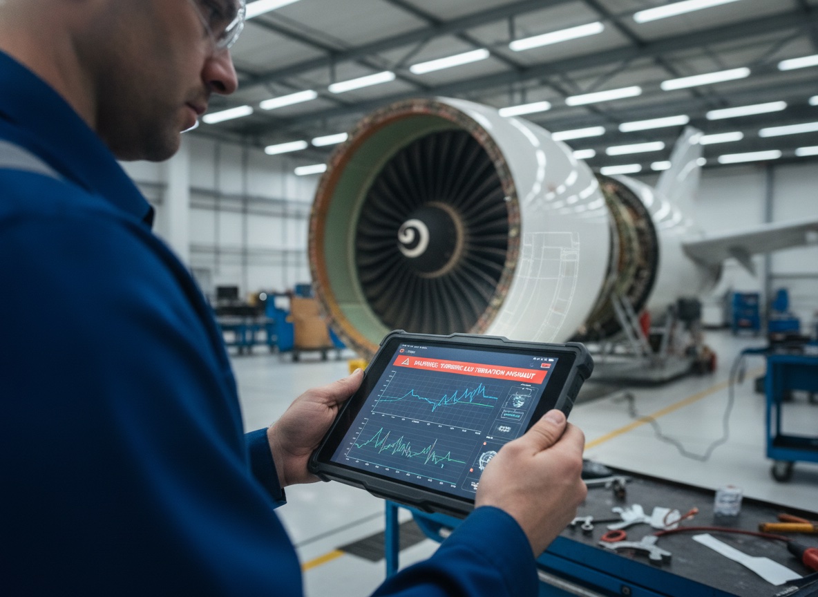 Aircraft maintenance technician in a hangar reviewing a predictive-maintenance alert on a tablet near a jet engine, sensor data overlaid on the screen