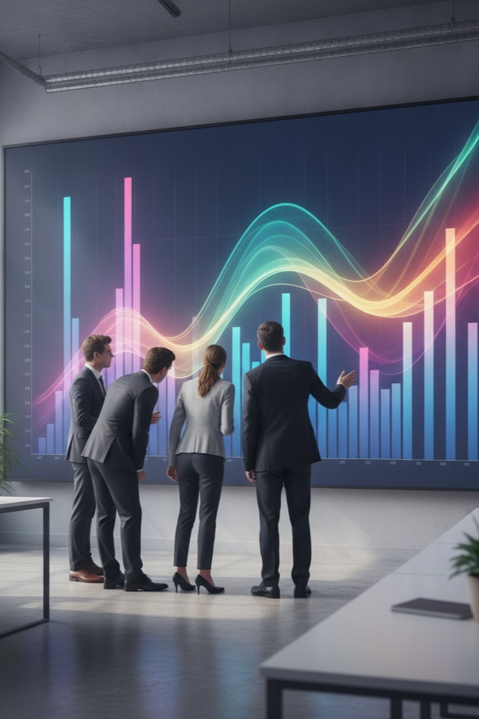 Business team reviewing an industry analytics dashboard