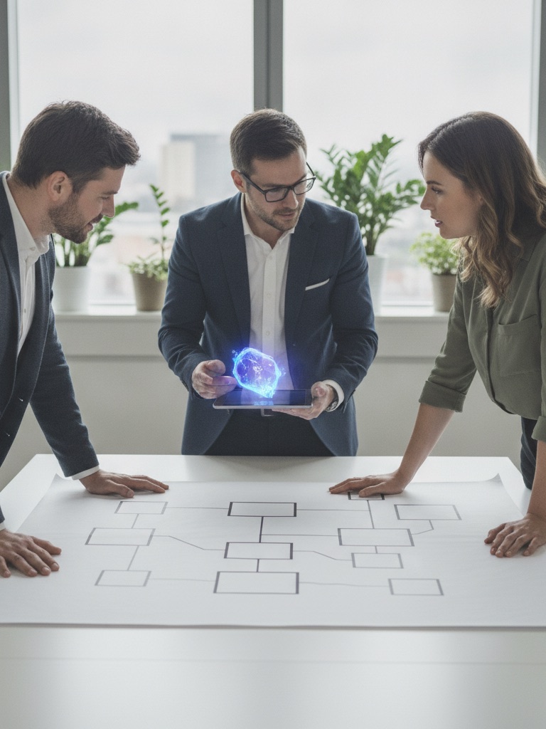 Team collaborating on a data architecture diagram