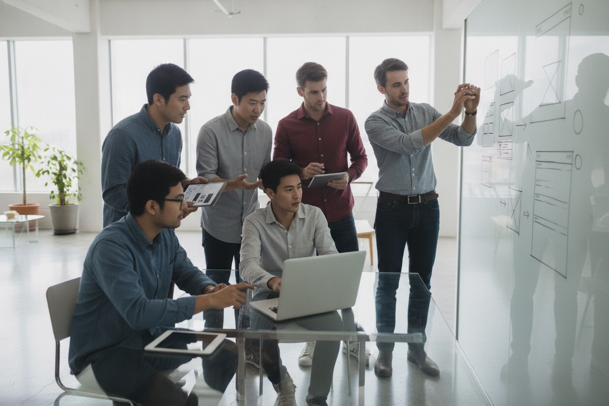Placeholder photo of an engineering team collaborating on the Bitly platform
