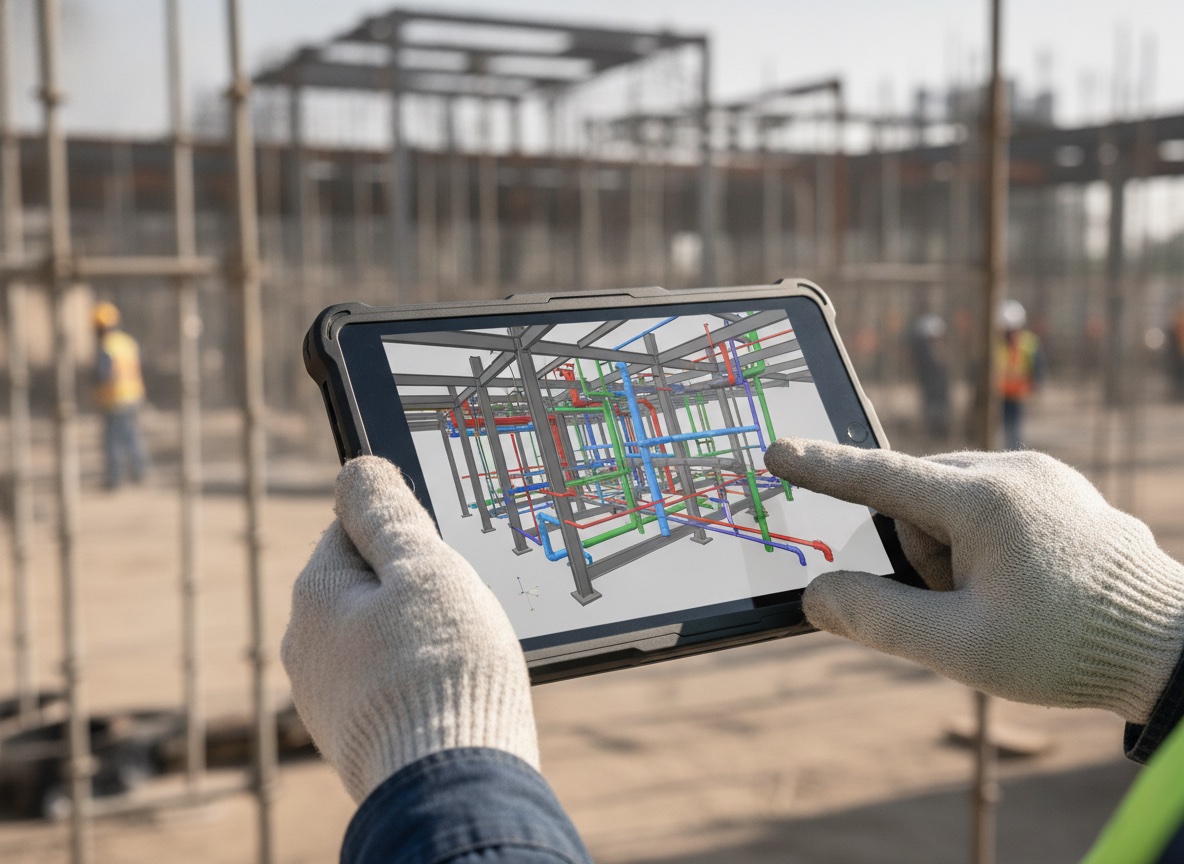 Close-up of a construction site engineer's hands holding a rugged tablet displaying a detailed 3D BIM model of structural steel and MEP ductwork, with scaffolding blurred in the background