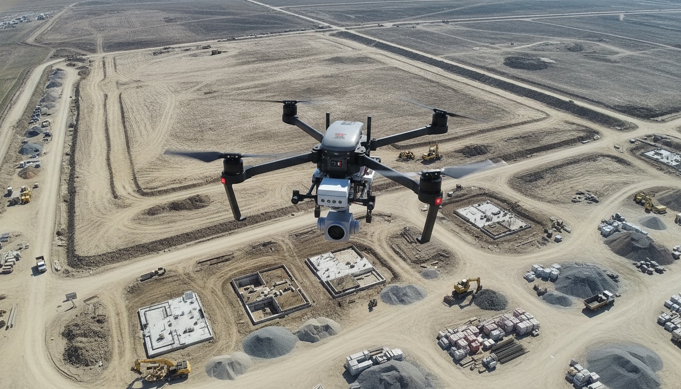 Professional survey drone flying above a large construction site on a clear day, capturing aerial mapping data of graded earthwork and building foundations
