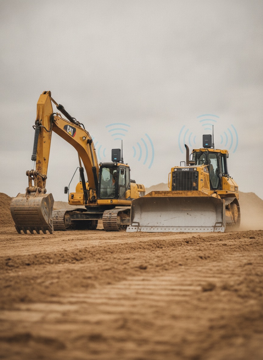 Yellow excavator and bulldozer on an active earthwork construction site, each fitted with a visible GPS telematics sensor unit for real-time equipment tracking